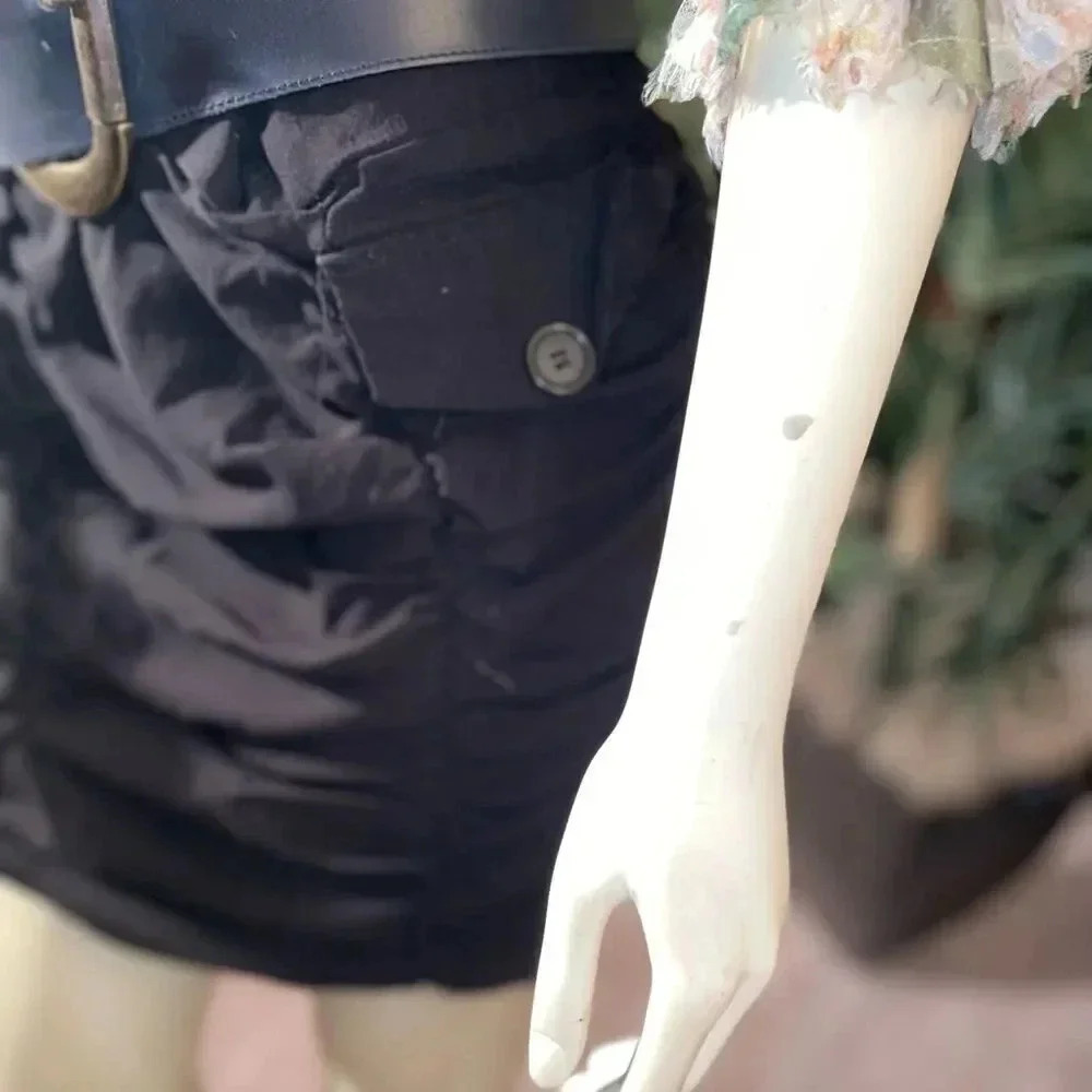 BLACK VALIA HIGH WAIST SHIRRED MINI SKIRT WITH FRONT FACING POCKETS 1x - Picture 9 of 15
